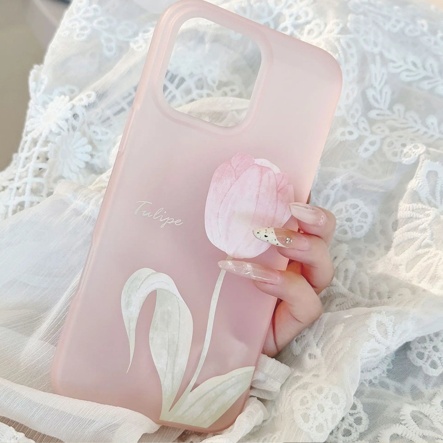 Korean Pink Tulip Flowers Pattern Phone Case For iPhone