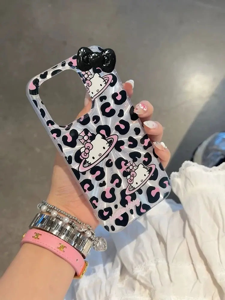 Sanrio Hello Kitty Bow Pink Lepard Print Phone Case For iPhone