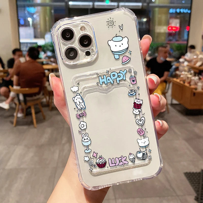 Cute Cartoon Puppy With Card Holder Clear Phone Case For iPhone