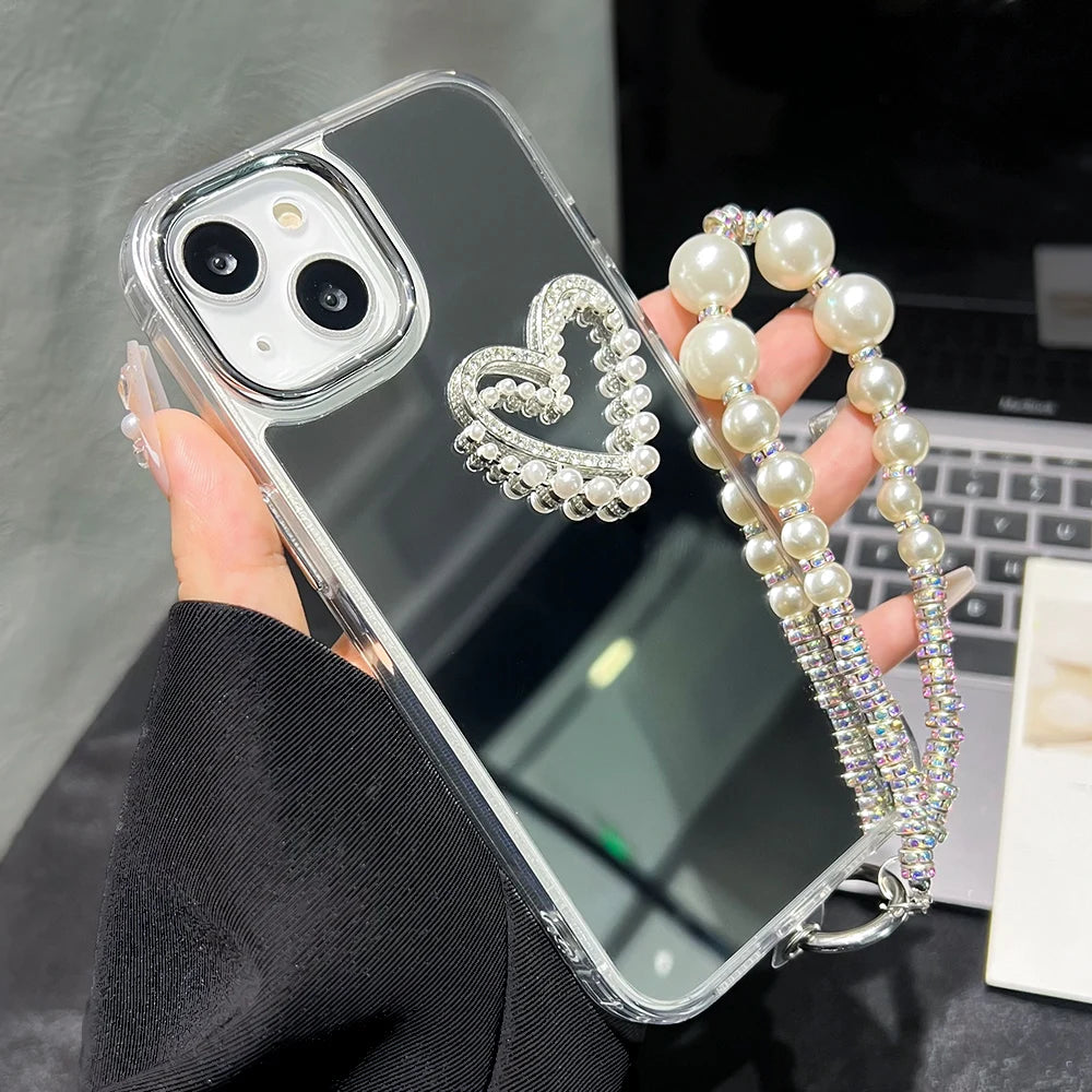 3D Love Heart Pearl Bracelets Chain Lanyard Phone Case For iPhone