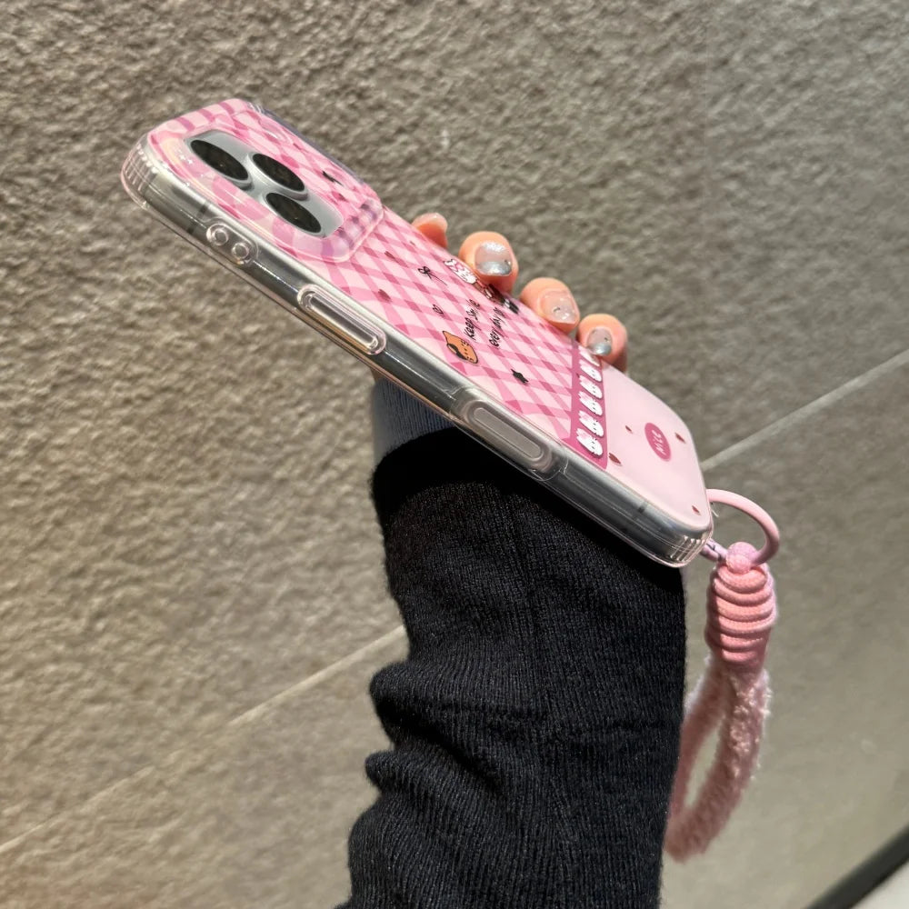 Korean Cute Imd Pink Lingge Kitty Hand Rope Phone Case For iPhone