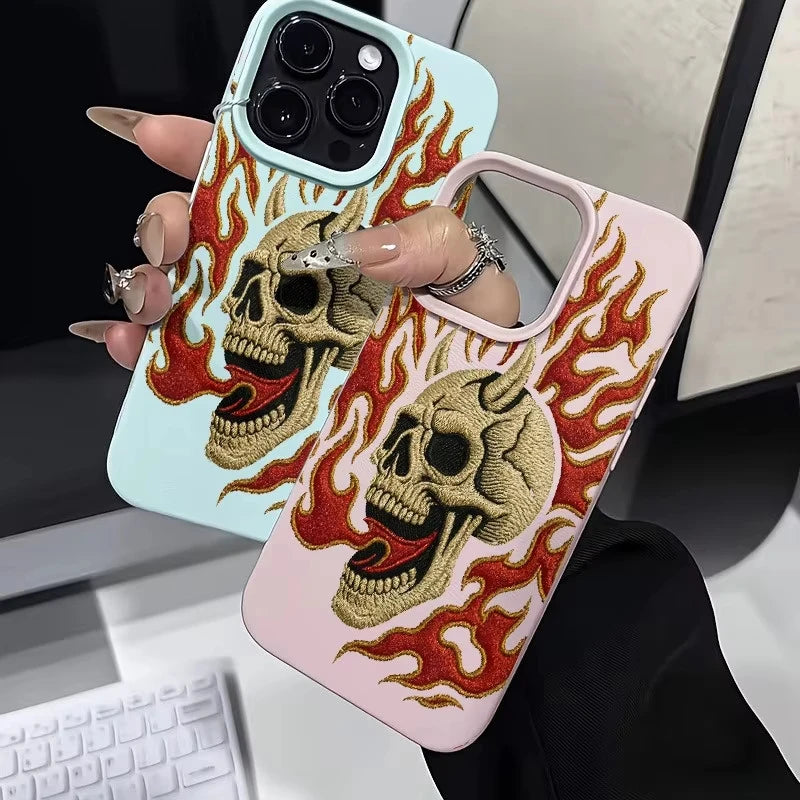 Flame Skull Embroidery Pattern Lychee Texture Phone Case For iPhone