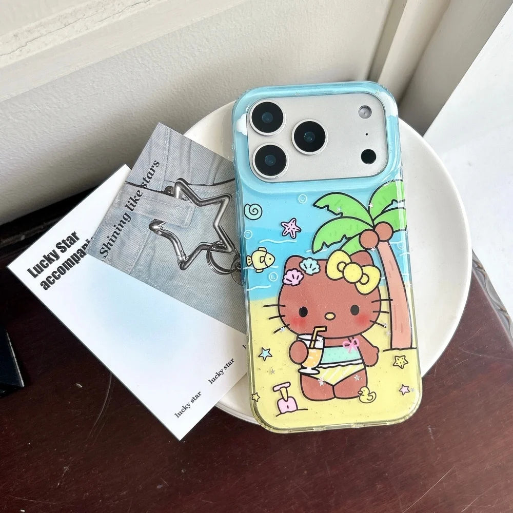 Summer Beach Black Skin HelloKitty Glitter Clear Phone Case Coconut Tree Shockproof Protective Cover For iPhone