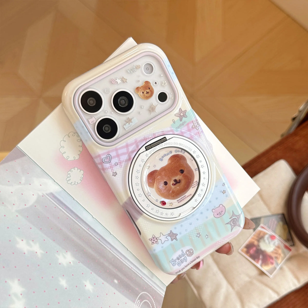 Korean Splicing Fold 360° Rotate Cartoon Bear Bread Magnetic Holder Phone Case For iPhone