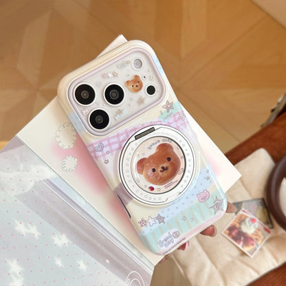 Korean Splicing Fold 360° Rotate Cartoon Bear Bread Magnetic Holder Phone Case For iPhone