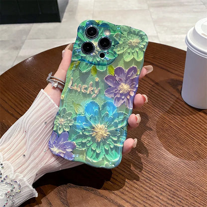 Retro Blue Light Oil Painting Flowers Wavy Silicone Phone Case For iPhone