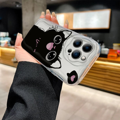 Cute Big Eyed Black Cat 3D Wave Phone Case  For iPhone