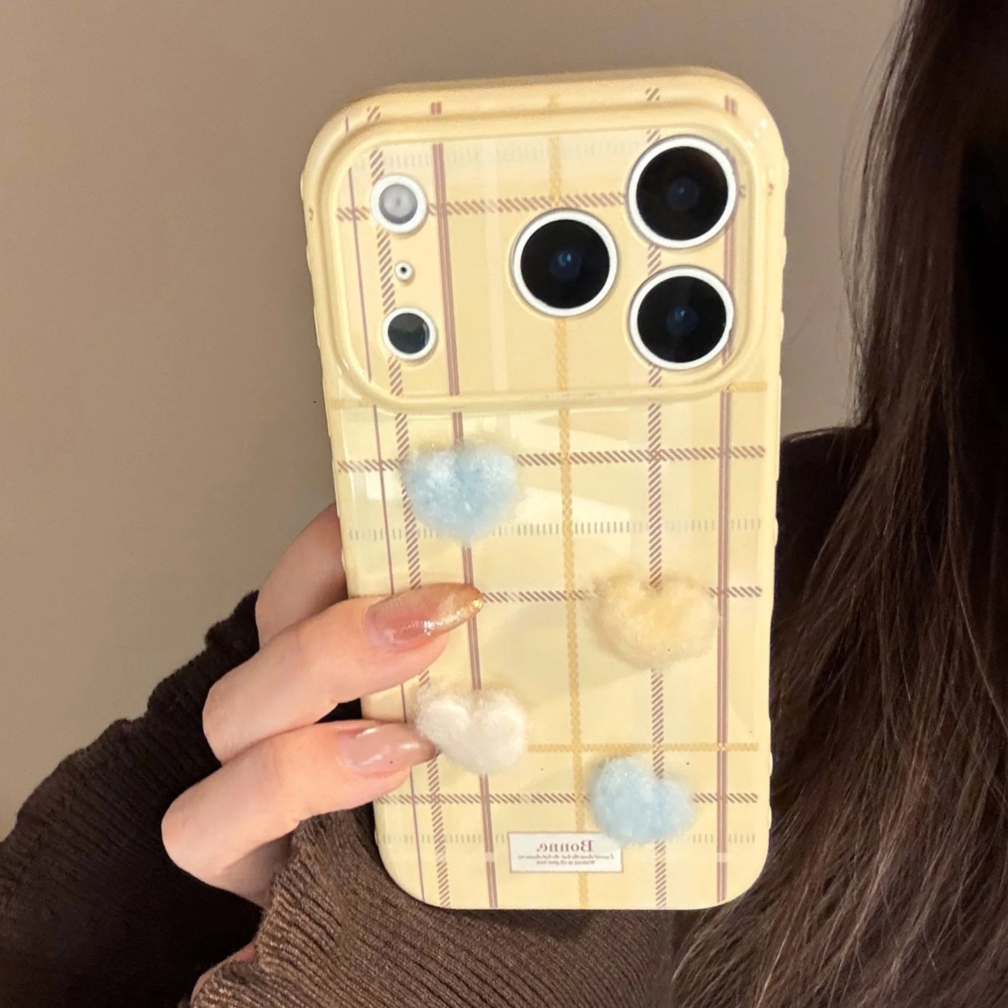 Korean Grid Pattern 3D Furry Plush Love Heart Phone Case For iPhone