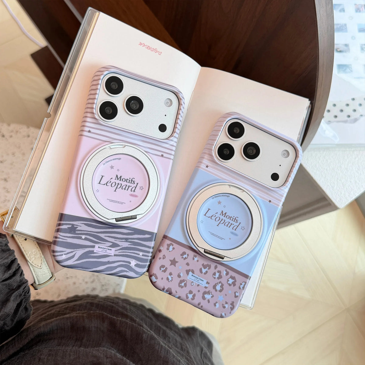 Korean Striped Splicing Fold 360° Rotating Magnetic Bracket Phone Case For iPhone