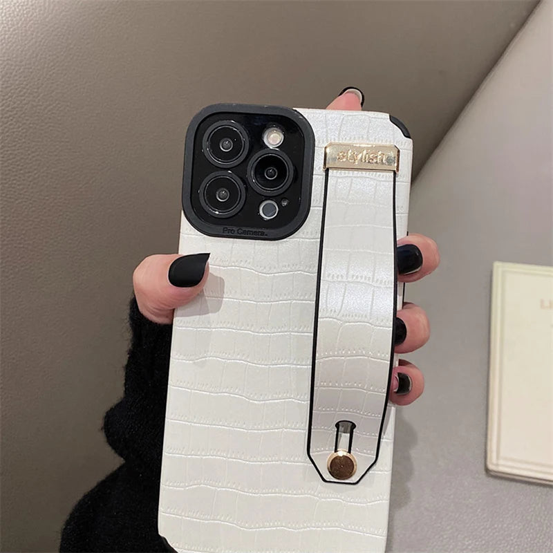 Imitation Crocodile Skin Leather Hand Wrist Strap Holder Phone Case