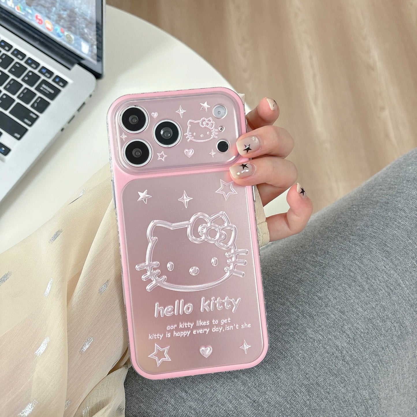 Cute Cartoon Pink Silver Bottom Star Kitty Head Phone Case For iPhone