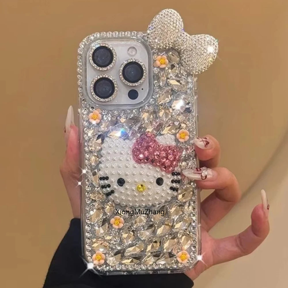 Hello Kitty Cute Cat Bow Flower Bling Glitter Diamond Custom Phone Case