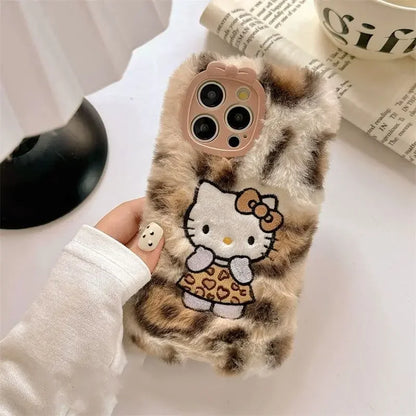Y2k Hello Kitty Kawaii Plush Leopard Print Phone Case For iPhone