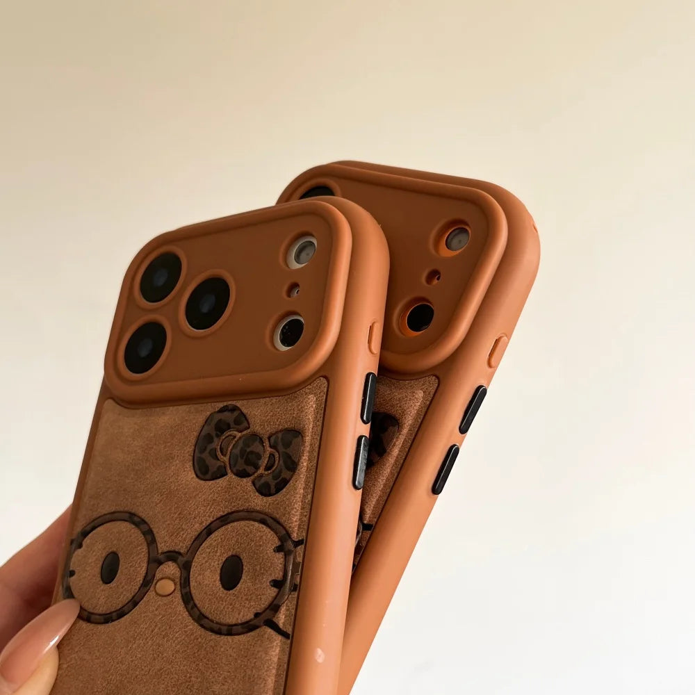 Brown Cute Leather Leopard Print Glasses Kiity Phone Case Suitable For iPhone