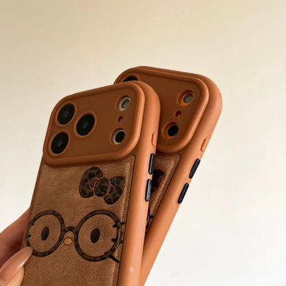 Brown Cute Leather Leopard Print Glasses Kiity Phone Case Suitable For iPhone