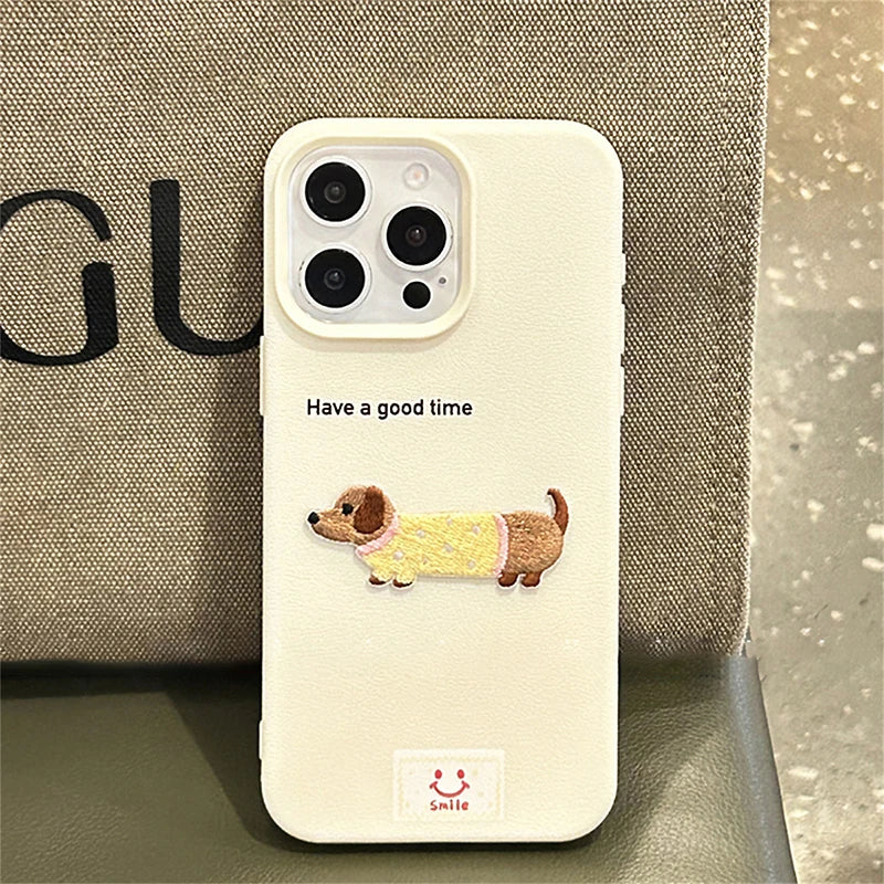 Cute Cartoon Dachshund Litchi Pattern Phone Case For iPhone