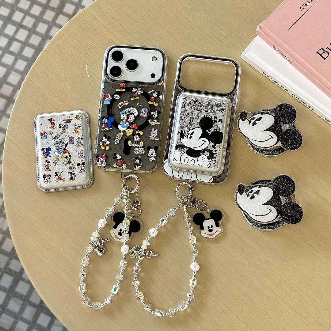 Cute Mickey Minnie Mouse Magnetic Wallet Bracket Magsafe Wireless Charge Phone Case For iPhone