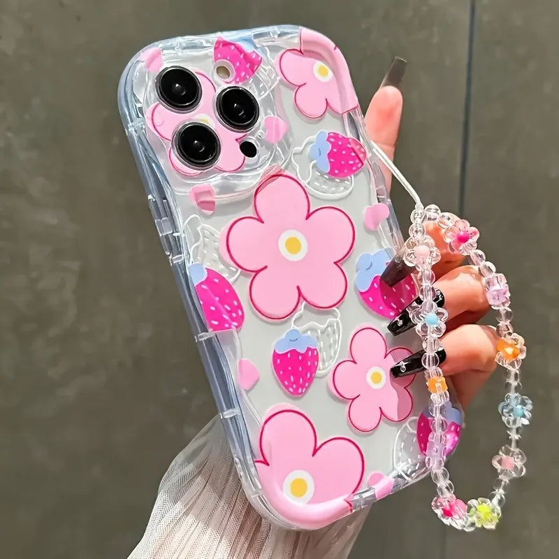 Fashionable Strawberry Flower With Lanyard Pattern For iPhone
