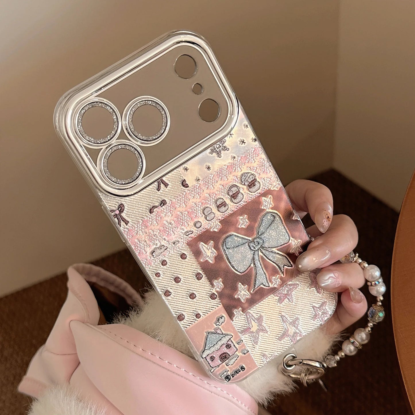 Korean Bowknot Splicing Phone Case With Chain For iPhone
