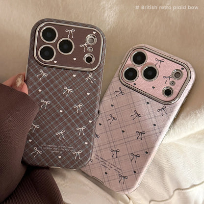 Korean Retro Plaid Grid Pattern Bowknot Leather Texture Phone Case For iPhone