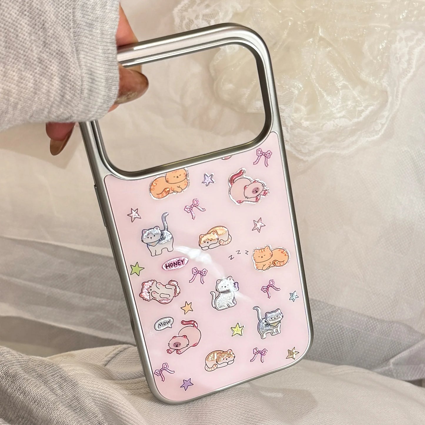 Korean Cartoon Kitten Silver Border Plating Phone Case For iPhone