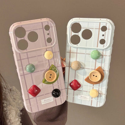 Korean Grid Pattern 3D Geometry Gemstone Button Decoration Phone Case For iPhone