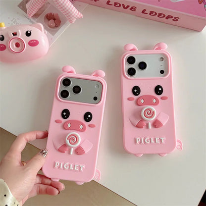 Korean 3D Rotating Candy Cartoon Pink Pig Pattern Soft Silicone Phone Case For  iPhone