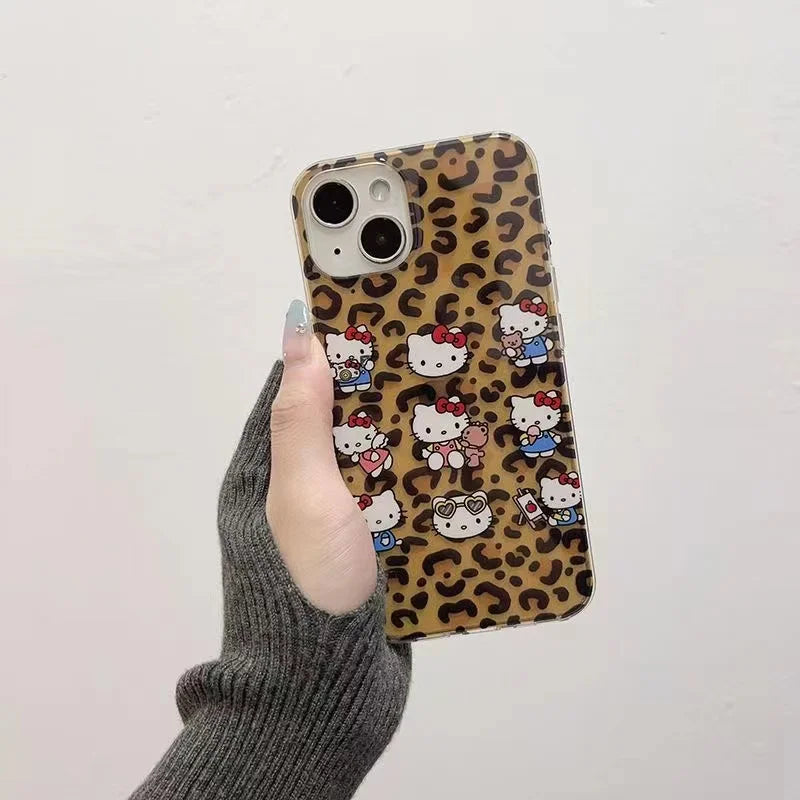 Hello Kitty Bow Lepard Print Face Phone Case For iPhone