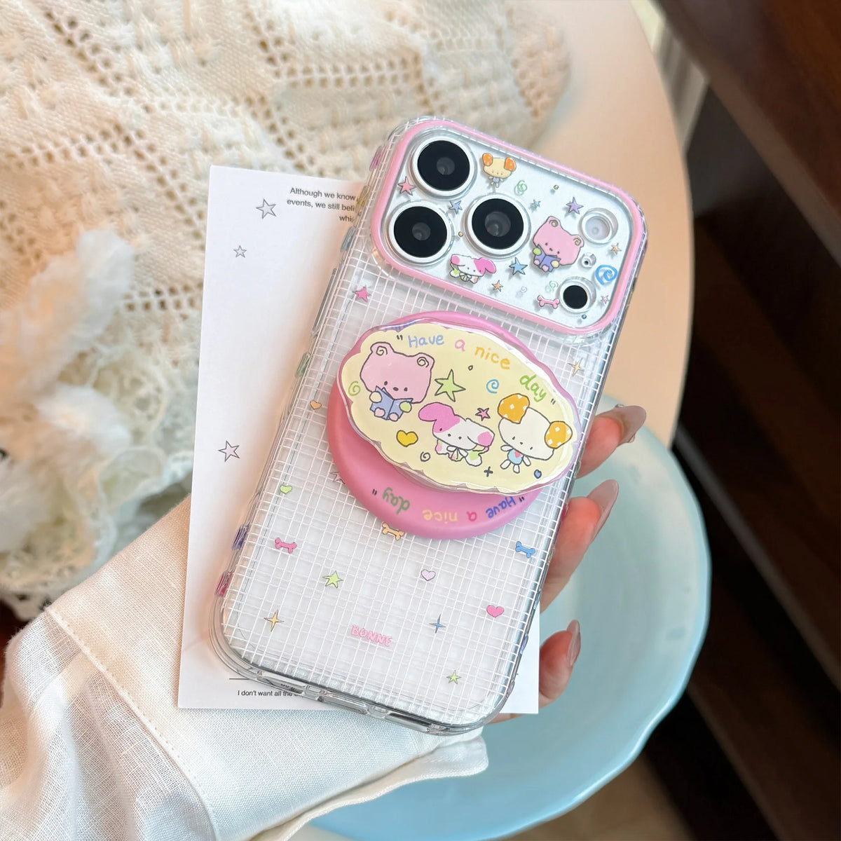 Korean Plaid Cartoon Animals Cloud Magnetic Bracket Phone Case For iPhone