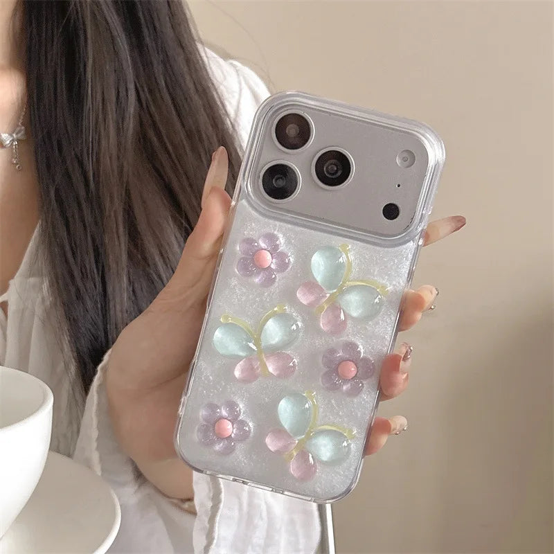 Korean 3D Colorful Flowers Butterfly Glitter Drop Glue With Chain Phone Case For iPhone