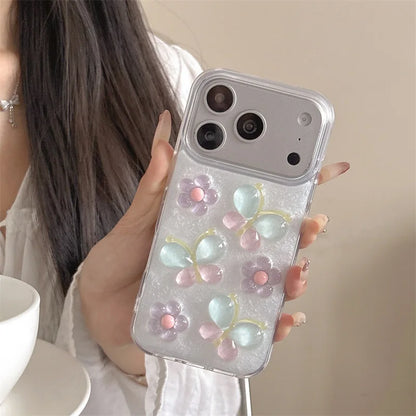 Korean 3D Colorful Flowers Butterfly Glitter Drop Glue With Chain Phone Case For iPhone