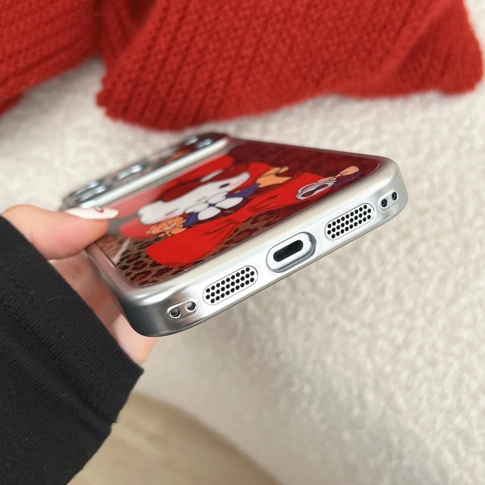 Luxury Cute Silver Framed Leopard Print Red Bow Kitty Phone Case For iPhone