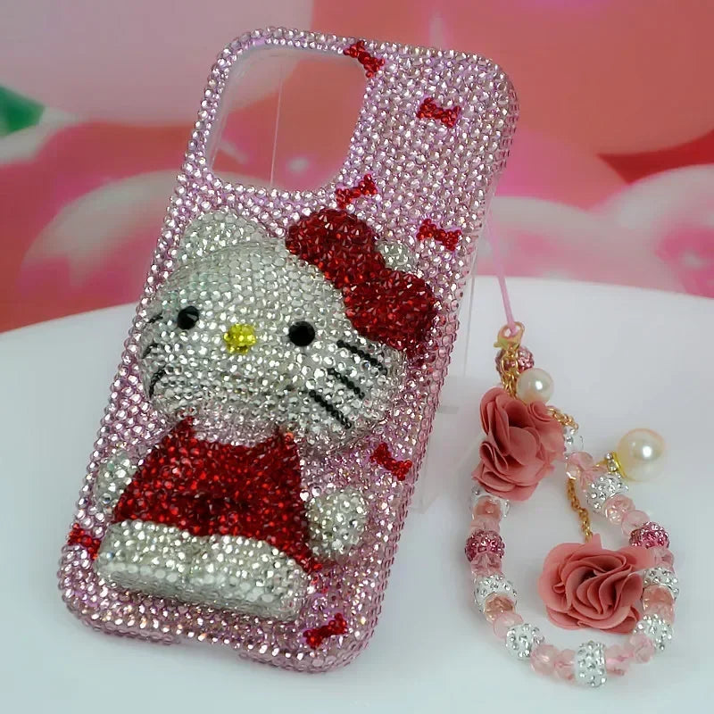 Rhinestone Bling Crystal Hello Kitty Phone Case Chain For iPhone