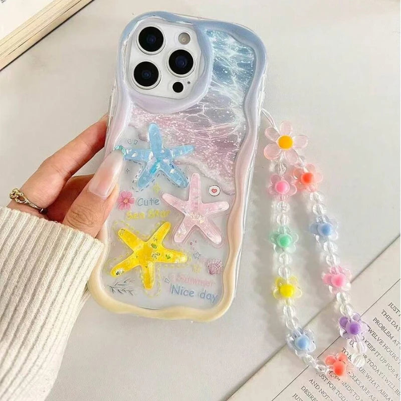 Cartoon Starfish Shell Transparent Wavy-Edge Phone Case For iPhone