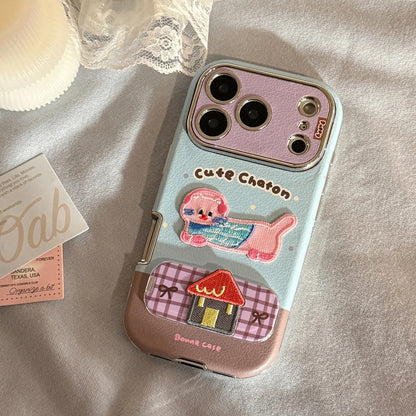 Korean Cartoon Embroidery Kitten Leather Texture Fold Mirror Phone Case For iPhone