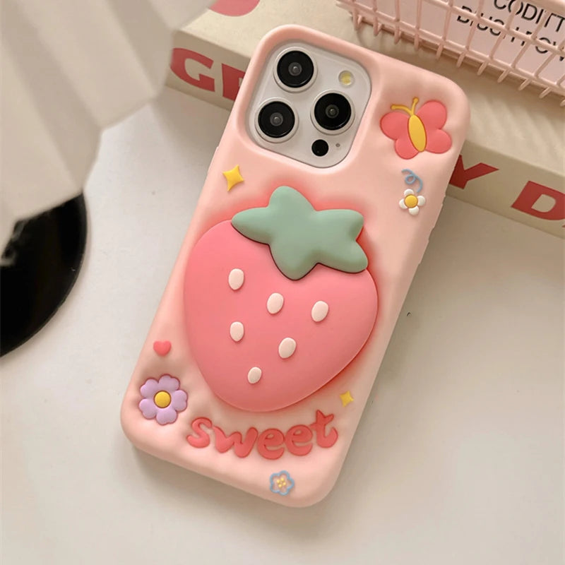 Cartoon Strawberry Hand Grip Holder Soft Silicone Phone Case