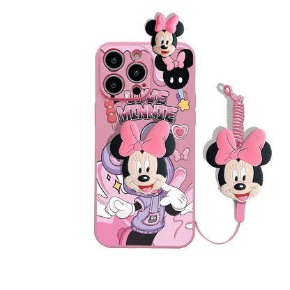 Cartoon Mickey Minnie Soft Case With Holder Rope Phone Case