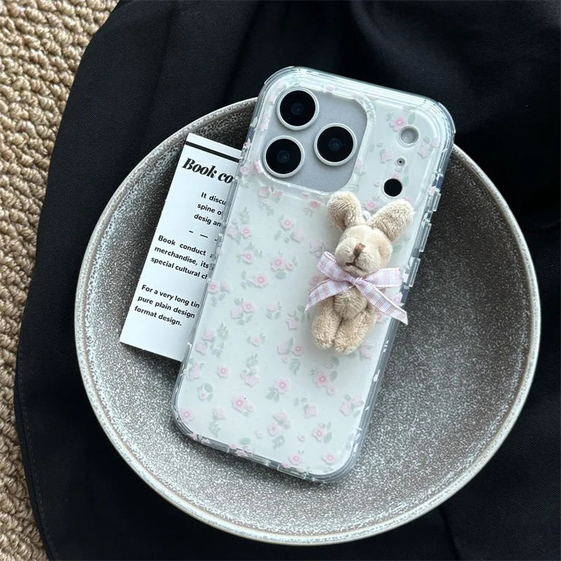 Korean Cute Flower 3D Plush Rabbit Phone Case For iPhone