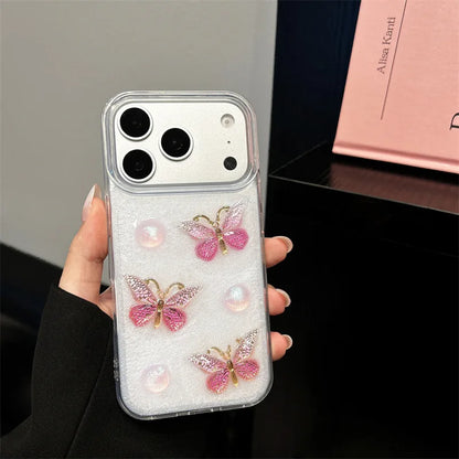 Korean 3D Pink Butterfly Pattern Glitter Drop Glue With Chain Phone Case For iPhone