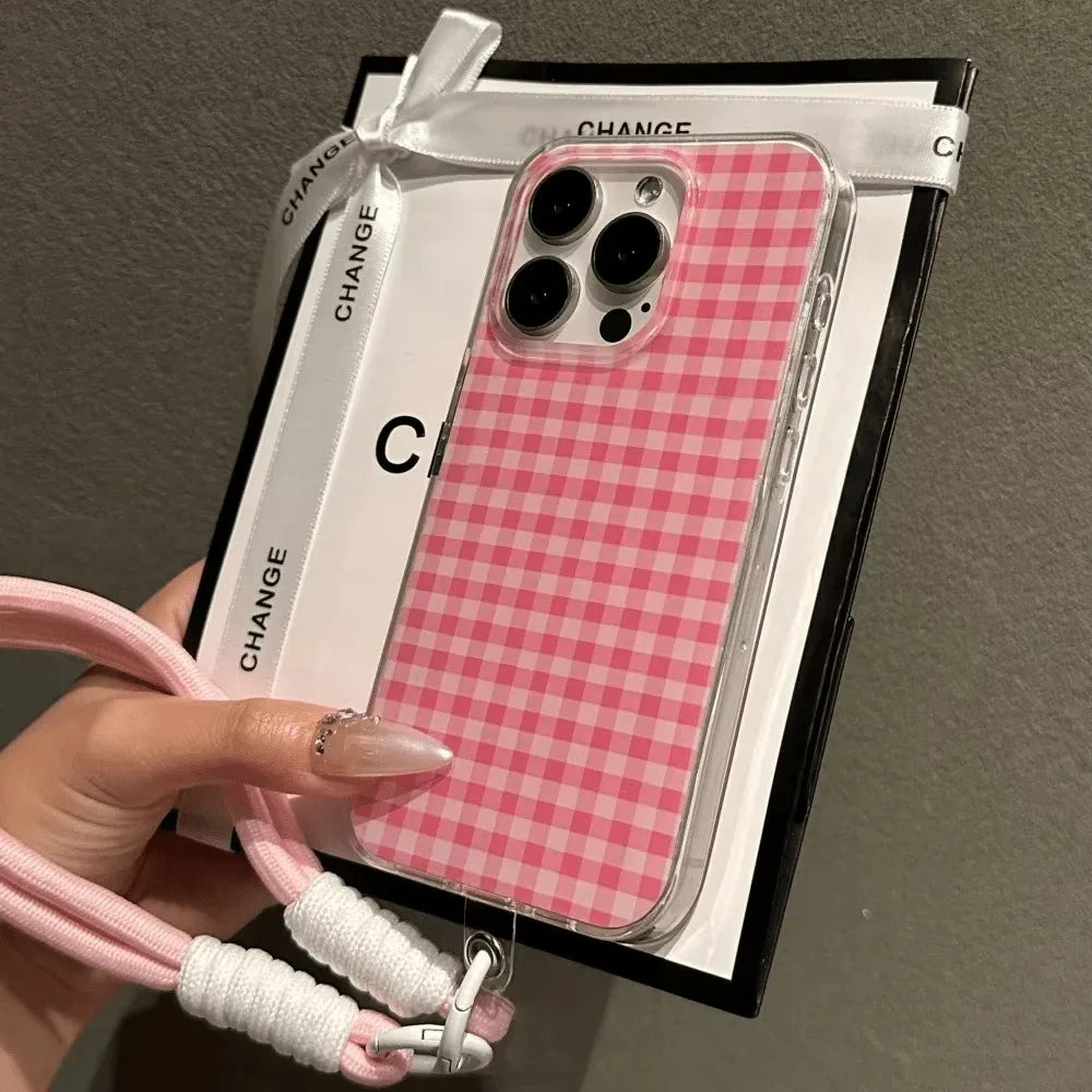 Pink Check Pattern With A Lanyard Phone Case For iPhone