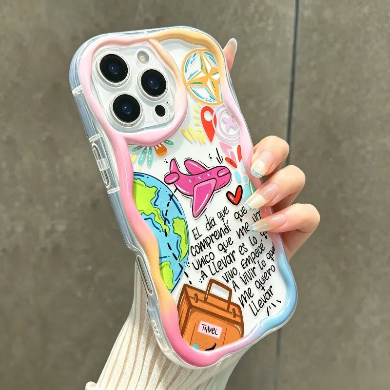 Cute Colorful Airplane Tourism Pattern Wavy-Edge Phone Case For iPhone