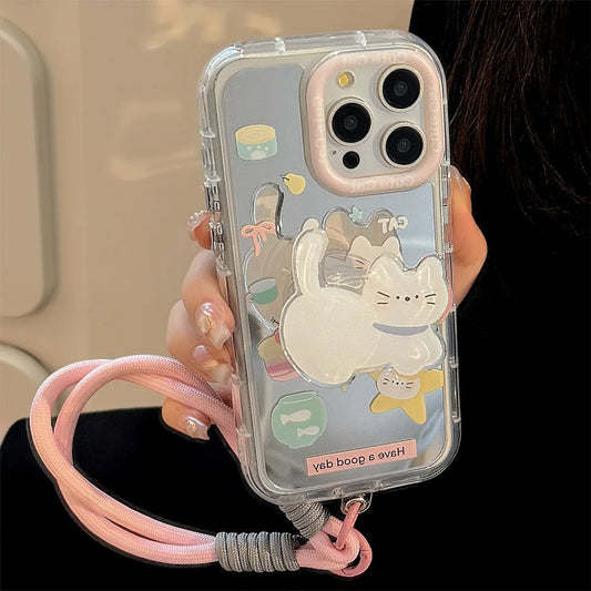 Korean Cartoon White Cat Bracket With Lanyard Makeup Mirror Phone Case For iPhone
