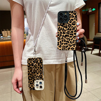 Brown Leopard Lanyard Strap Phone Case For iPhone