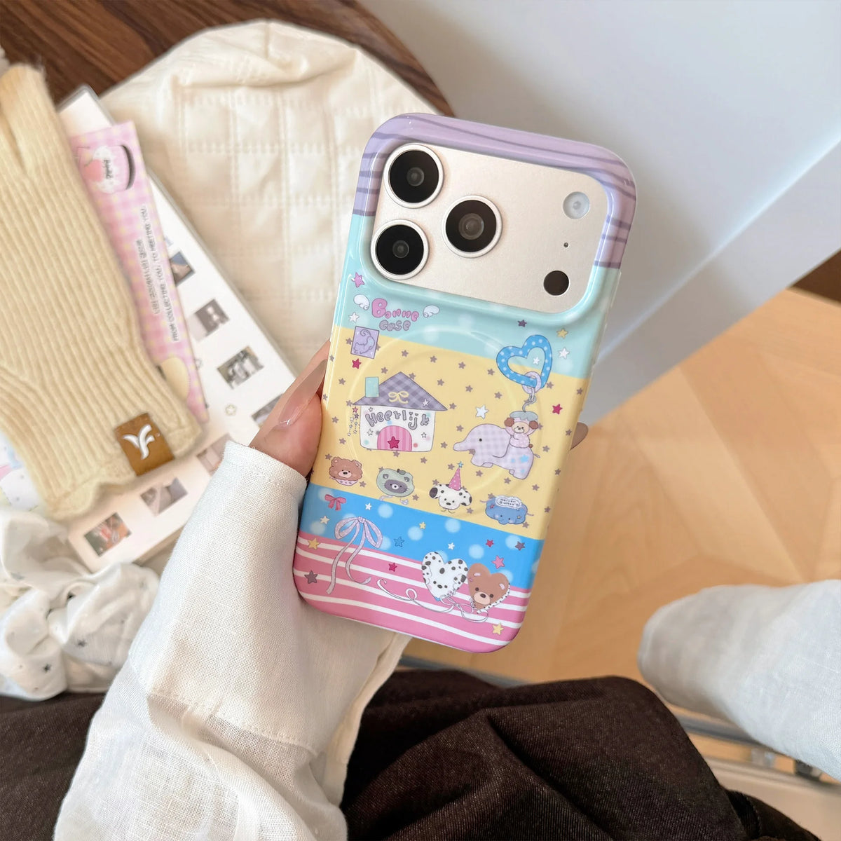 Korean Splicing Colorful Cartoon Elephant House Magnetic Bracket Phone Case For iPhone