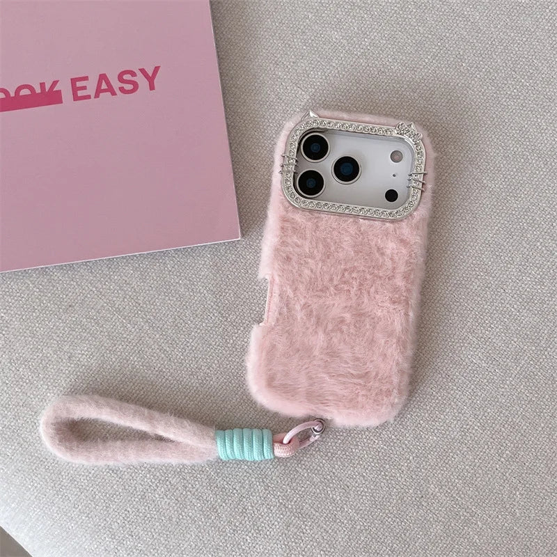 Luxury Solid Colors Diamond Fluffy Fur Plush Phone Case For iPhone