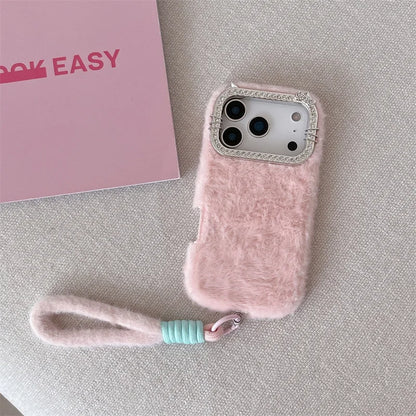 Luxury Solid Colors Diamond Fluffy Fur Plush Phone Case For iPhone