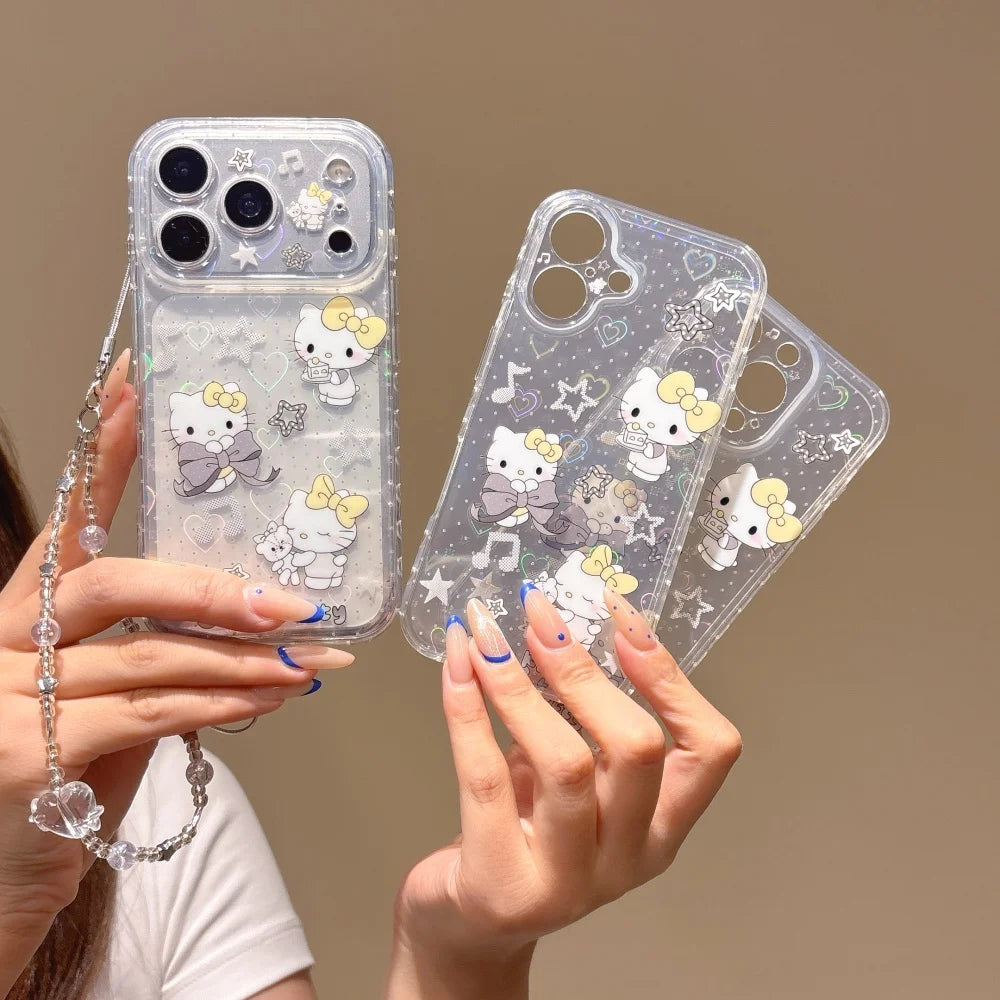 Clear Glitter Laser Star Heart HelloKitty Phone Case With Crystal Bead Wrist Lanyard Shockproof Cover For iPhone