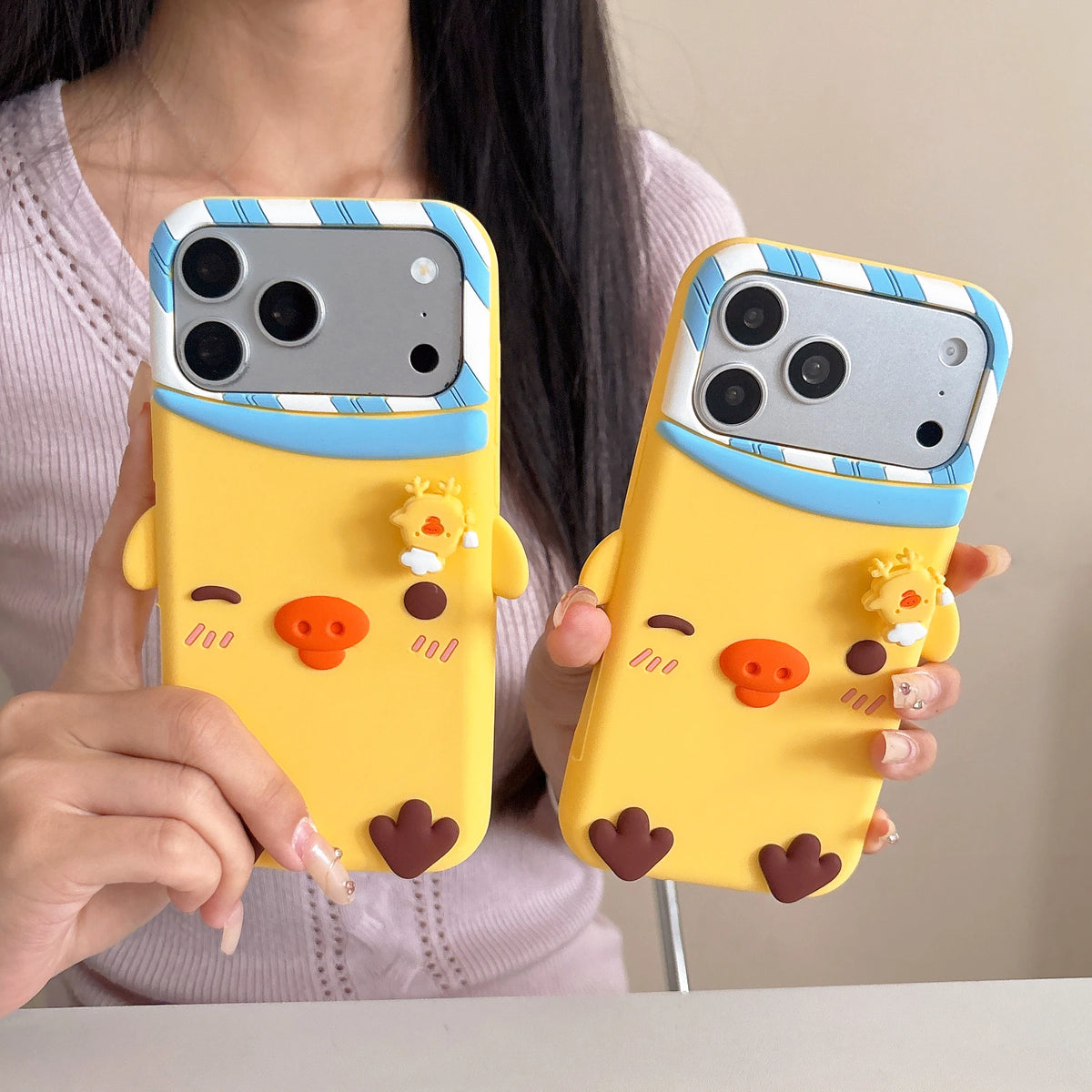 3D Cartoon Rilakkuma Yellow Chick Rotate Decompress Phone Case For iPhone