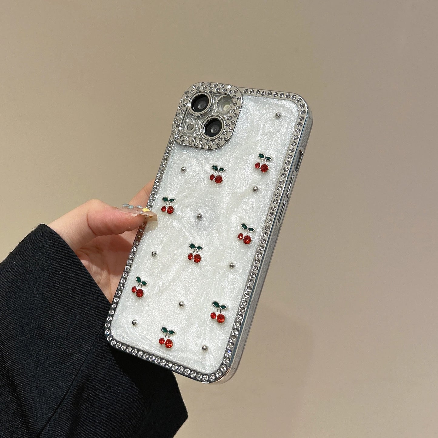 Glamorous & Sweet Zircon Frame Sparkling White Cherry Pattern Chic Phone Case