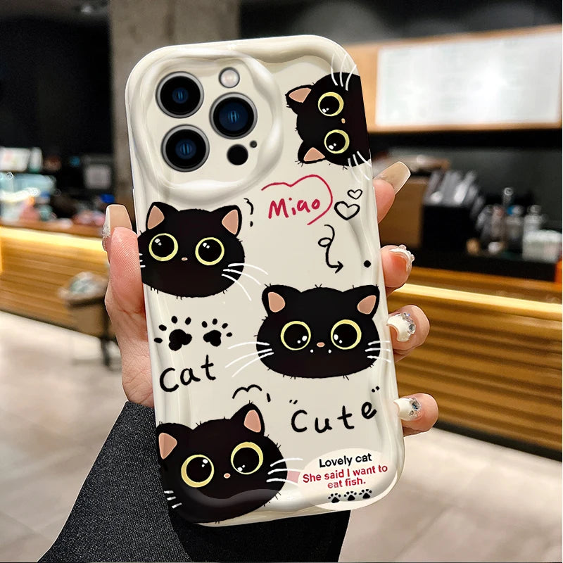 Cute Big Eyed Black Cat 3D Wave Phone Case  For iPhone